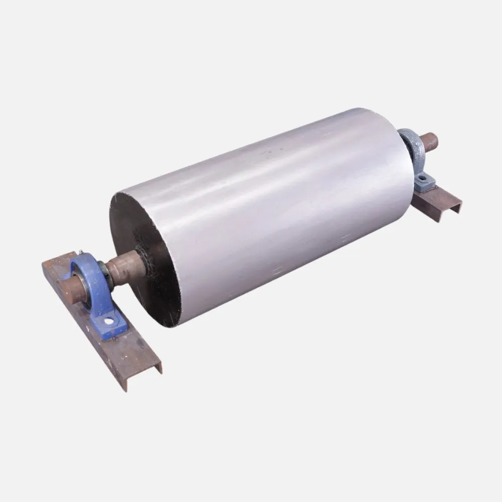 Heavy-duty industrial magnetic pulley manufactured by IP Magnate for continuous tramp iron removal on conveyor belts.
